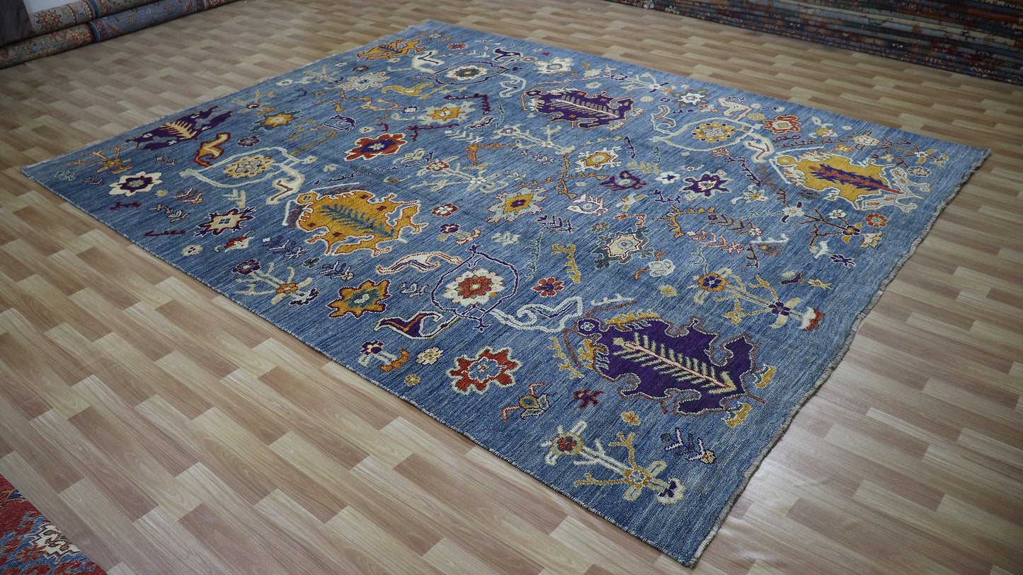 9x11 Ft Blue Oushak Large Area Rug, Afghan Hand Knotted Plush Wool Traditional Rectangle Carpet, Living Room Rug, Bedroom Rug, Floral Rug