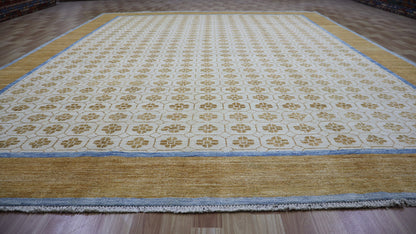 9x12 Ft Beige Oriental Large Area Rug, Afghan Hand Knotted Wool Traditional Rectangle Carpet, Living Room Rug, Bedroom Rug, Dining Table Rug