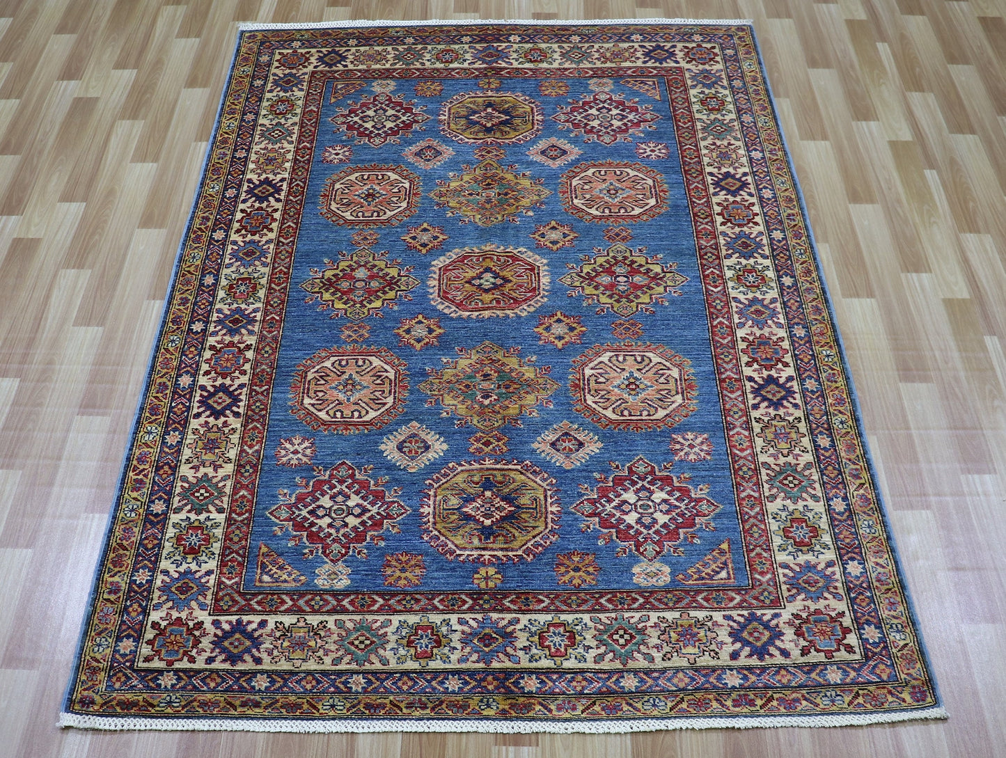 5x7 Ft Oriental Kazak Area Rug, Blue Afghan Hand Knotted Wool Traditional Rectangle Carpet, Rugs For Living Room, Bedroom Rug, Entryway Rug