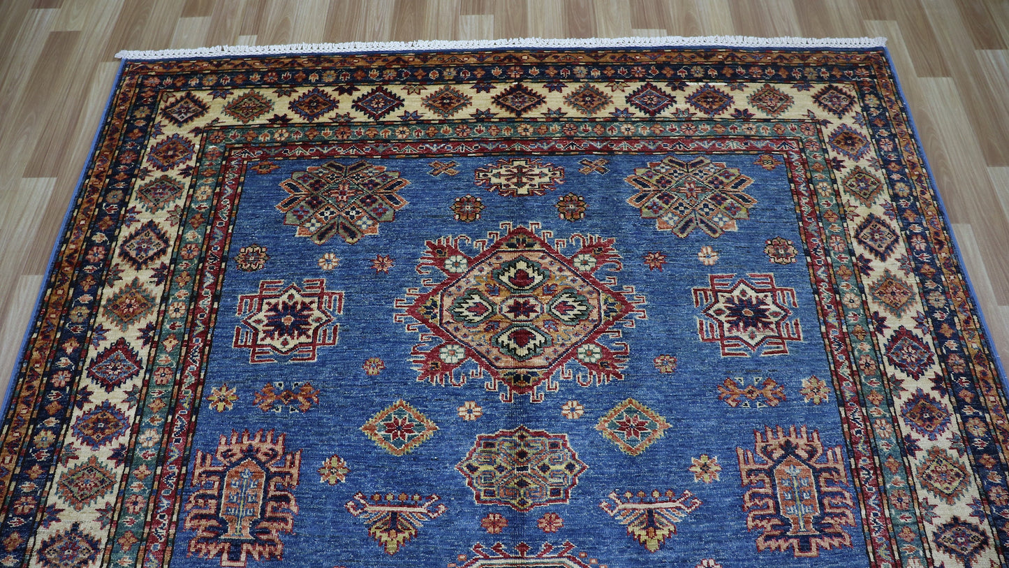 6x9 ft Oriental Kazak Area Rug, Blue Afghan Hand Knotted Wool Traditional Rectangle Carpet, Living Room Rug, Bedroom Rug, Dining Table Rug