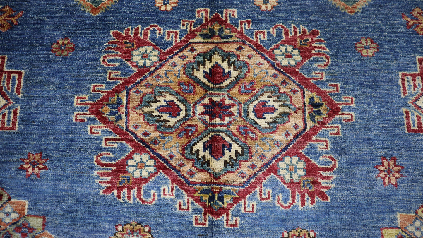 6x9 ft Oriental Kazak Area Rug, Blue Afghan Hand Knotted Wool Traditional Rectangle Carpet, Living Room Rug, Bedroom Rug, Dining Table Rug