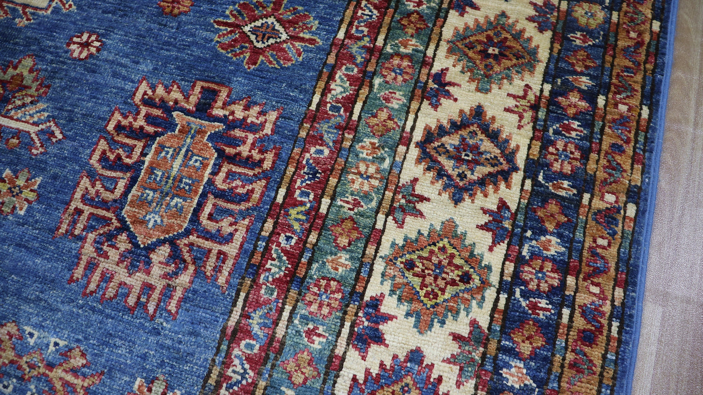 6x9 ft Oriental Kazak Area Rug, Blue Afghan Hand Knotted Wool Traditional Rectangle Carpet, Living Room Rug, Bedroom Rug, Dining Table Rug