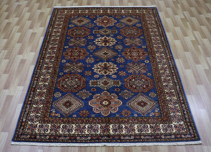 6x8 ft Blue Oriental Kazak Area Rug, Afghan Hand Knotted Wool Traditional Rectangle Carpet, Living Room Rug, Bedroom Rug, Dining Table Rug