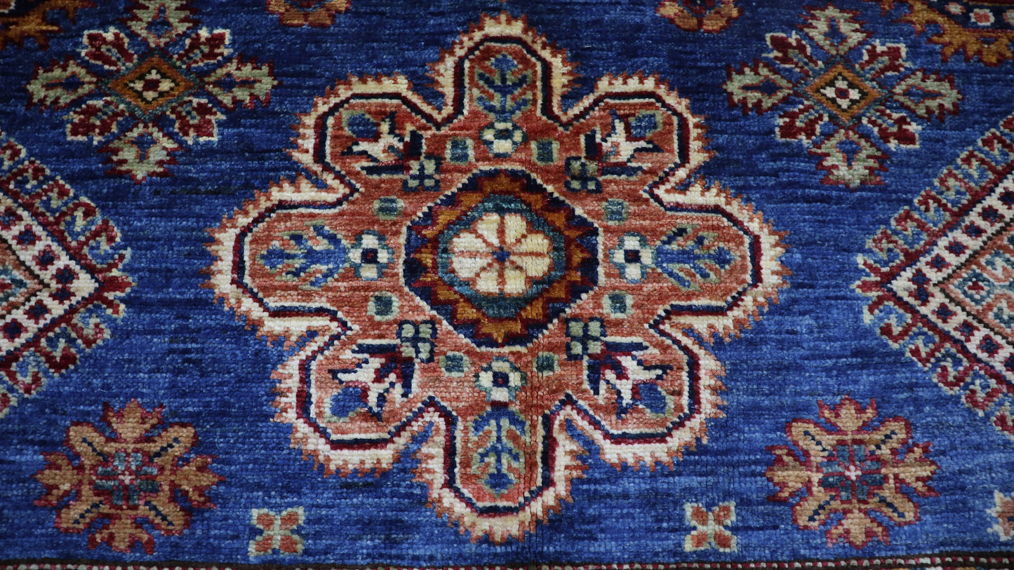 6x8 ft Blue Oriental Kazak Area Rug, Afghan Hand Knotted Wool Traditional Rectangle Carpet, Living Room Rug, Bedroom Rug, Dining Table Rug