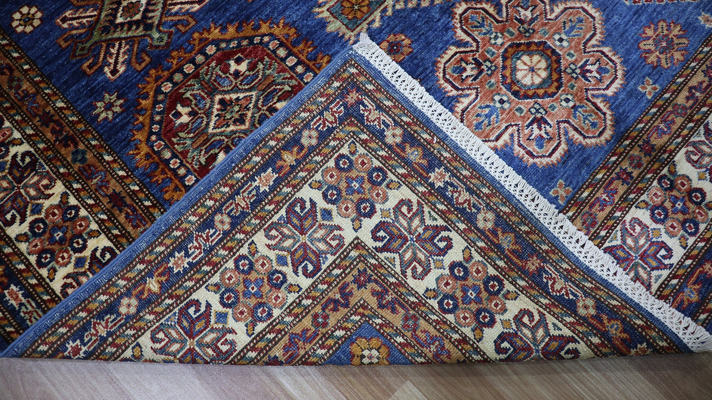 6x8 ft Blue Oriental Kazak Area Rug, Afghan Hand Knotted Wool Traditional Rectangle Carpet, Living Room Rug, Bedroom Rug, Dining Table Rug