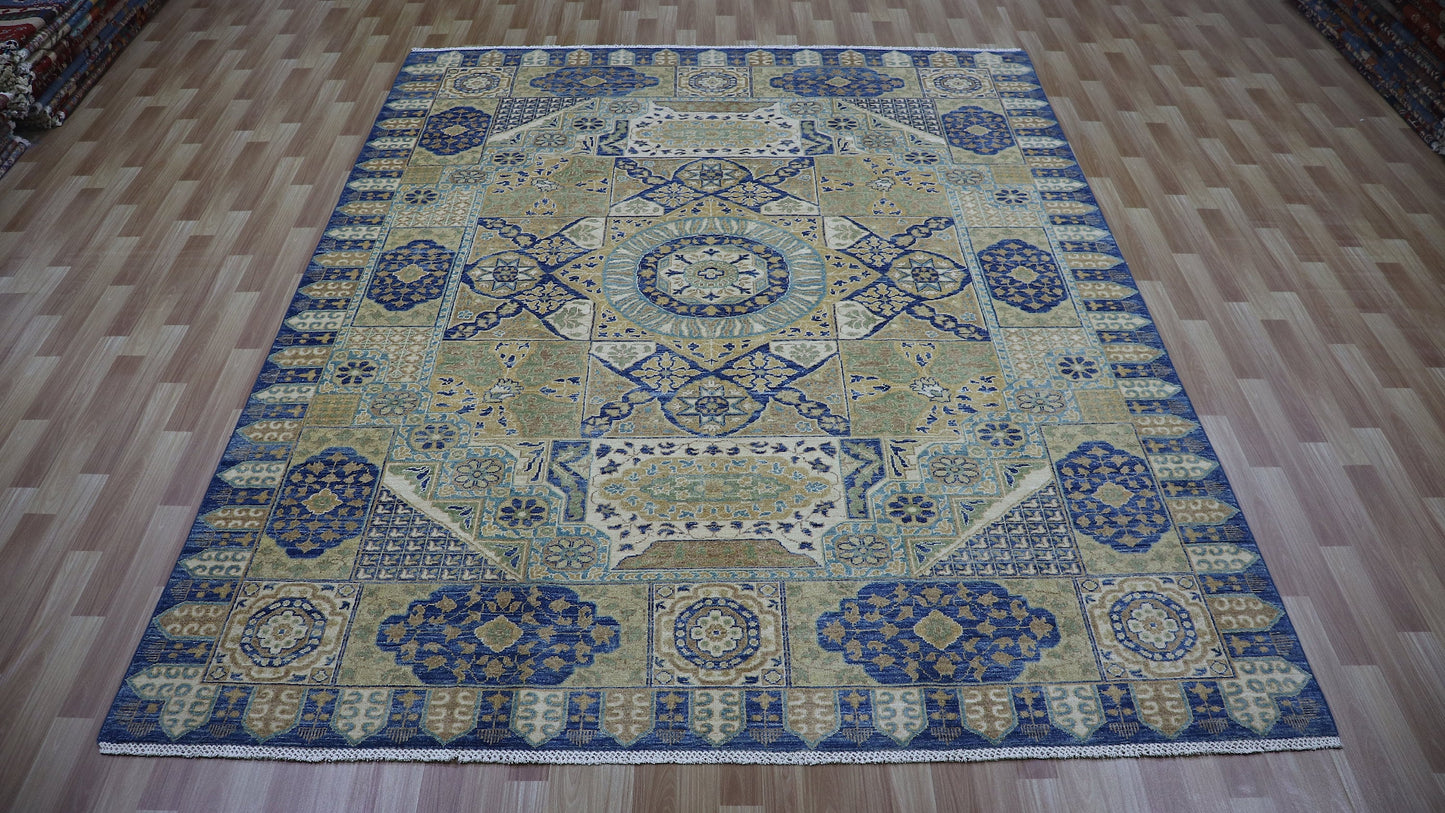 8x10 Ft Oriental Mamluk Area Rug, Blue Afghan Hand Knotted Wool Traditional Rectangle Carpet, Living Room Rug, Bedroom Rug, Dining Table Rug