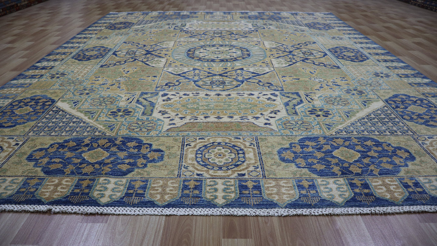 8x10 Ft Oriental Mamluk Area Rug, Blue Afghan Hand Knotted Wool Traditional Rectangle Carpet, Living Room Rug, Bedroom Rug, Dining Table Rug