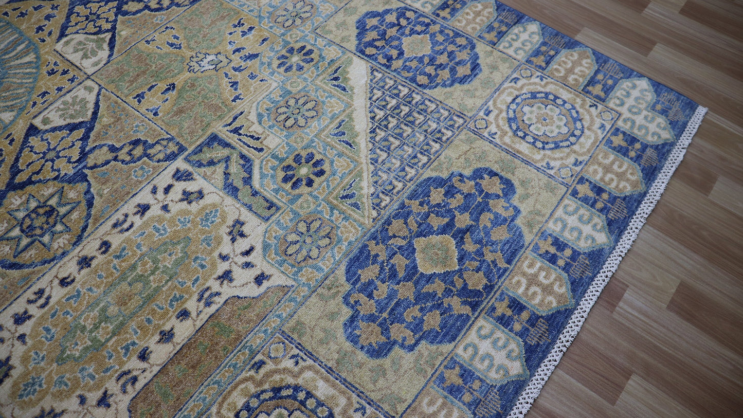 8x10 Ft Oriental Mamluk Area Rug, Blue Afghan Hand Knotted Wool Traditional Rectangle Carpet, Living Room Rug, Bedroom Rug, Dining Table Rug