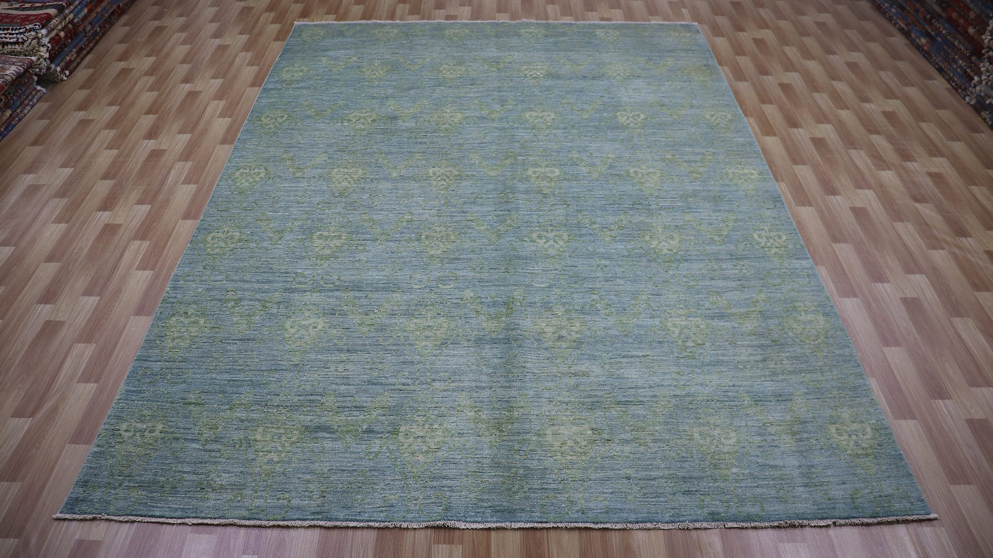 9x11 Ft Blue Transitional Large Area Rug, Afghan Hand Knotted Wool Abstract Rectangle Carpet, Living Room Rug, Bedroom Rug, Dining Table Rug