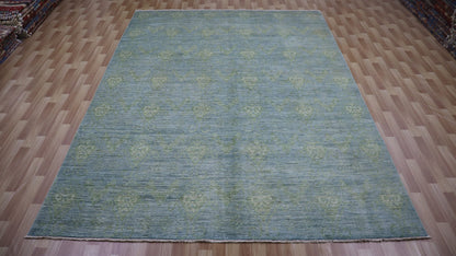 9x11 Ft Blue Transitional Large Area Rug, Afghan Hand Knotted Wool Abstract Rectangle Carpet, Living Room Rug, Bedroom Rug, Dining Table Rug