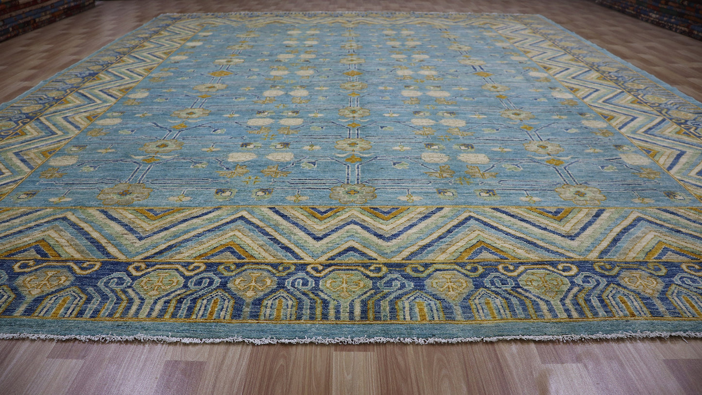 10x13 Ft Blue Oriental Large Area Rug, Afghan Hand Knotted Wool Traditional Rectangle Carpet, Living Room Rug, Bedroom Rug, Dining Table Rug