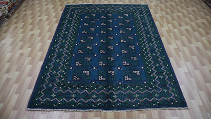 7x10 Ft Oriental Bokhara Area Rug, Blue Green Afghan Hand Knotted Plush Wool Traditional Rectangle Carpet, Rugs For Living Room, Bedroom Rug