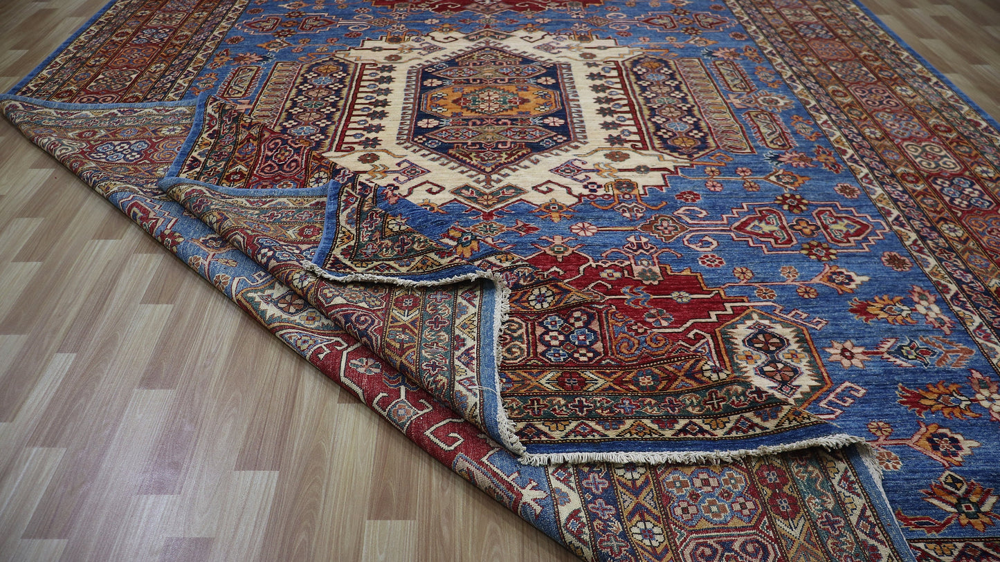 10x14 Ft Oriental Kazak Large Area Rug, Blue Afghan Hand Knotted Wool Rectangle Carpet, Rugs For Living Room, Bedroom Rug, Dining Table Rug