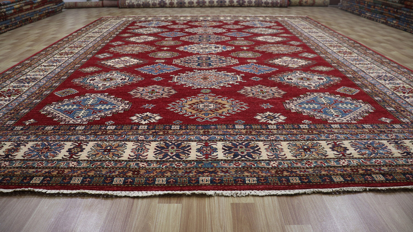 10x14 Ft Kazak Oriental Large Area Rug, Red Afghan Hand Knotted Wool Rectangle Carpet, Rugs For Living Room, Bedroom Rug, Dining Table Rug