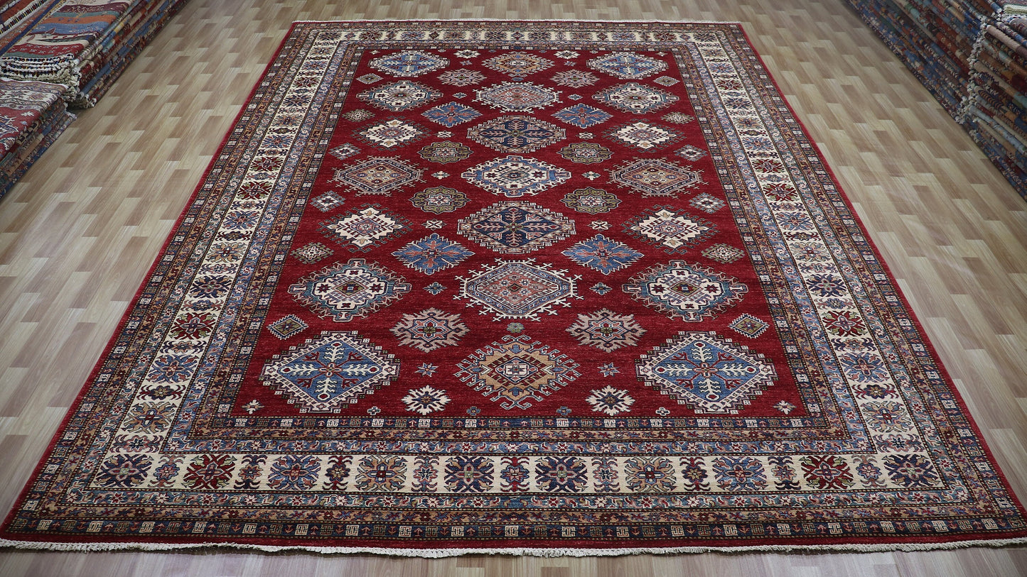 10x14 Ft Kazak Oriental Large Area Rug, Red Afghan Hand Knotted Wool Rectangle Carpet, Rugs For Living Room, Bedroom Rug, Dining Table Rug