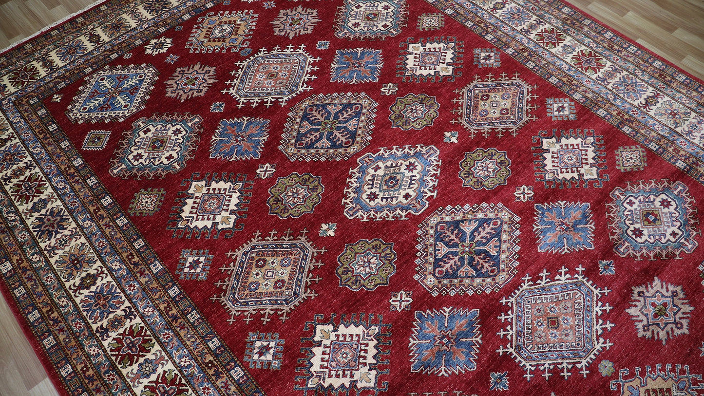 10x14 Ft Kazak Oriental Large Area Rug, Red Afghan Hand Knotted Wool Rectangle Carpet, Rugs For Living Room, Bedroom Rug, Dining Table Rug