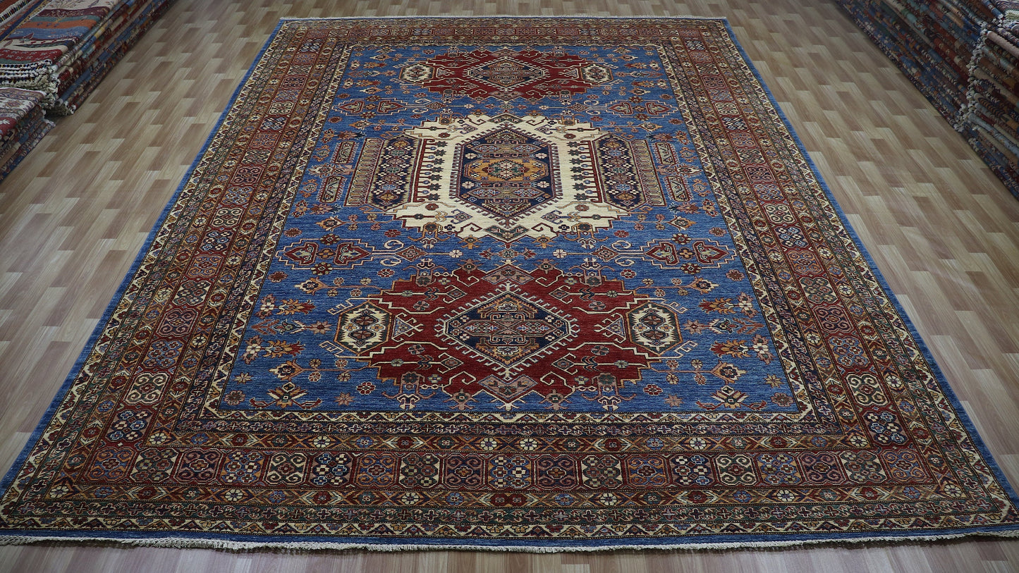 10x14 Ft Blue Kazak Oriental Large Area Rug, Afghan Hand Knotted Wool Rectangle Carpet, Rugs For Living Room, Bedroom Rug, Dining Table Rug