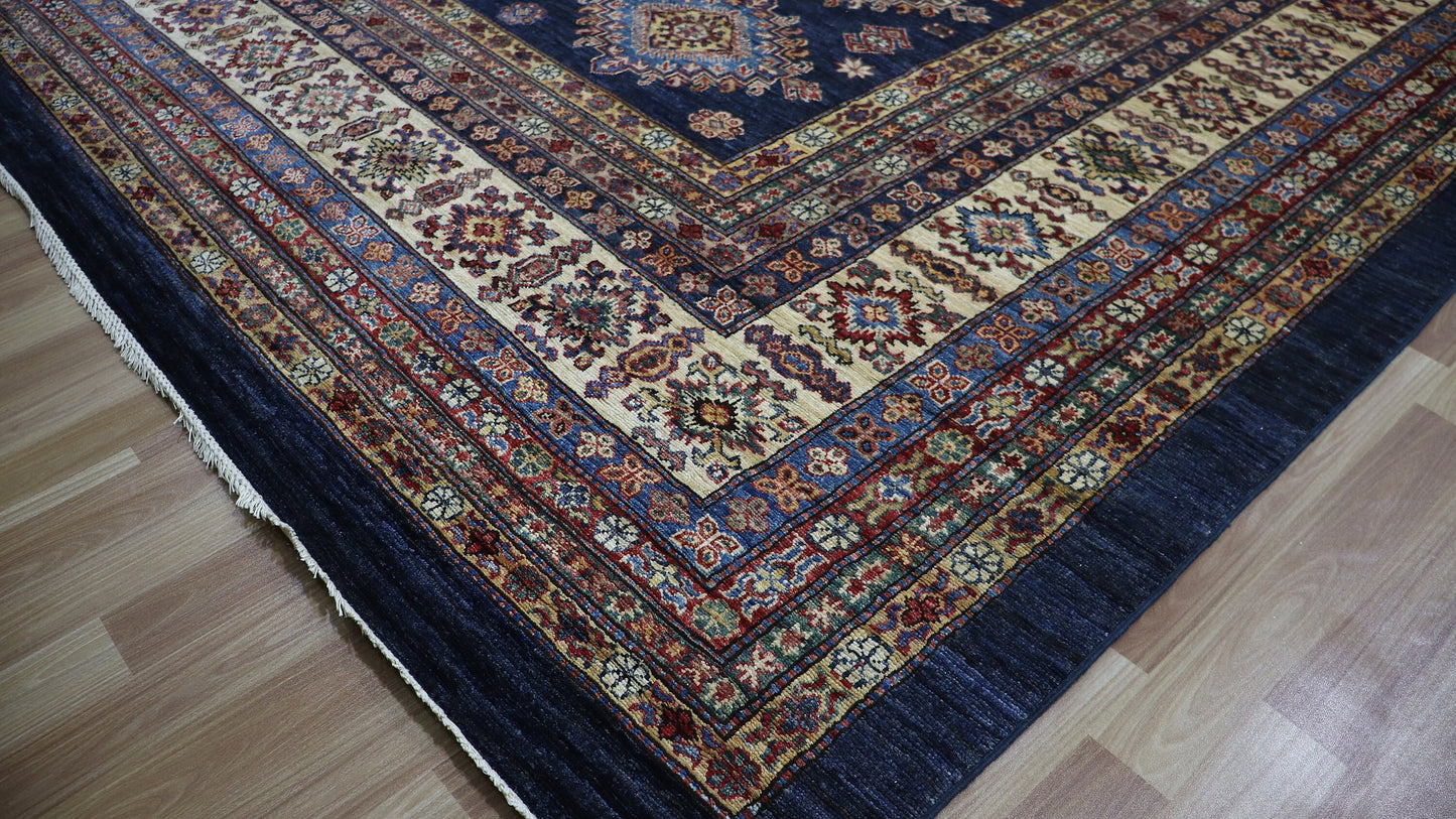 12x16 Ft Oriental Kazak Large Area Rug, Blue Afghan Hand Knotted Wool Rectangle Carpet, Rugs For Living Room, Bedroom Rug, Dining Table Rug