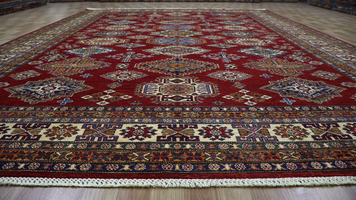 9x13 Ft Kazak Large Area Rug, Red Afghan Hand Knotted Wool Oriental Rectangle Carpet, Rugs For Living Room, Bedroom Rug, Dining Table Rug