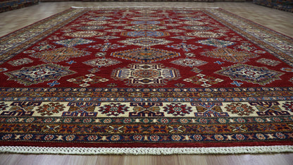 9x13 Ft Kazak Large Area Rug, Red Afghan Hand Knotted Wool Oriental Rectangle Carpet, Rugs For Living Room, Bedroom Rug, Dining Table Rug