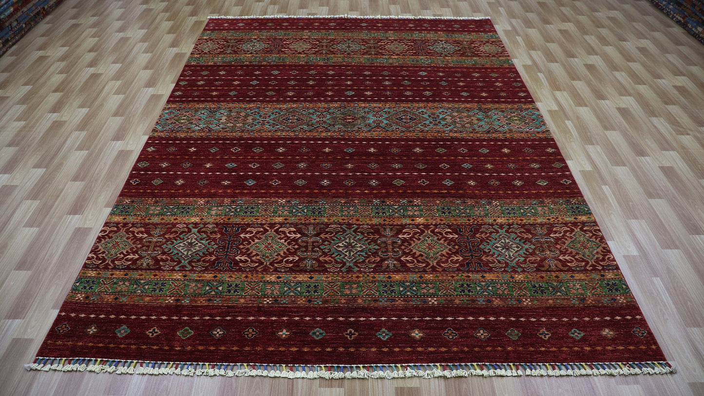 7x10 Ft Red Khorjin Area Rug, Afghan Hand Knotted Wool Traditional Rectangle Area Carpet, Rug For Living Room, Bedroom Rug, Dining Table Rug