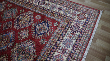 7x10 Ft Oriental Kazak Area Rug, Red Afghan Hand Knotted Wool Traditional Rectangle Carpet, Living Room Rug, Bedroom Rug, Dining Table Rug