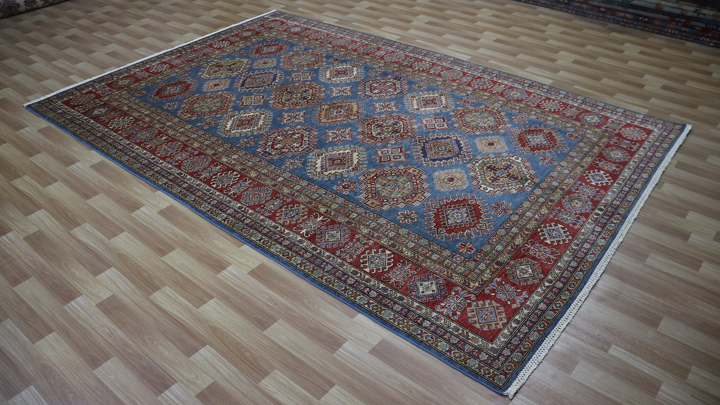 7x10 Ft Blue Kazak Oriental Area Rug, Afghan Hand Knotted Wool Traditional Rectangle Carpet, Living Room Rug, Bedroom Rug, Dining Table Rug