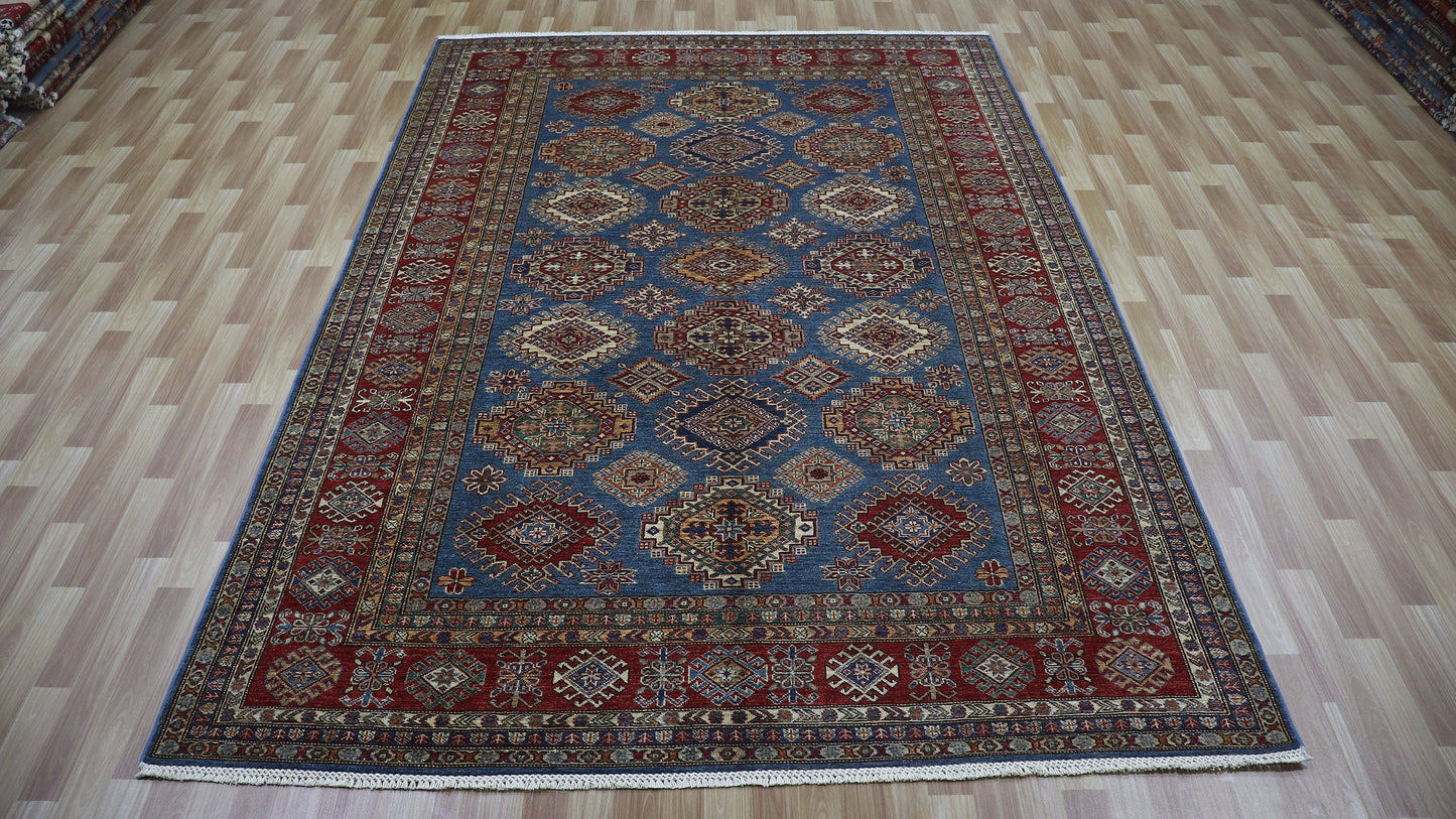 7x10 Ft Blue Kazak Oriental Area Rug, Afghan Hand Knotted Wool Traditional Rectangle Carpet, Living Room Rug, Bedroom Rug, Dining Table Rug