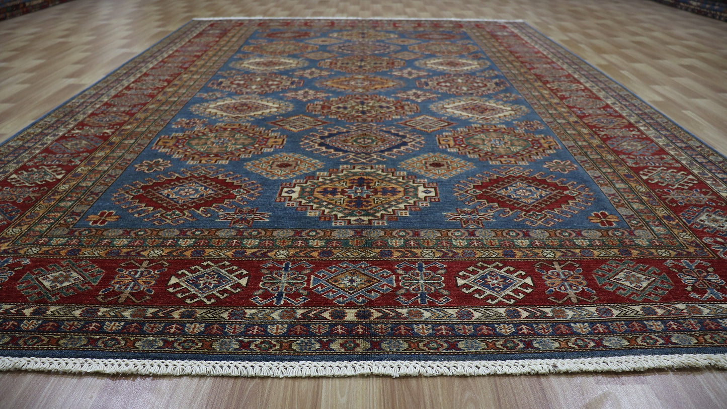 7x10 Ft Blue Kazak Oriental Area Rug, Afghan Hand Knotted Wool Traditional Rectangle Carpet, Living Room Rug, Bedroom Rug, Dining Table Rug