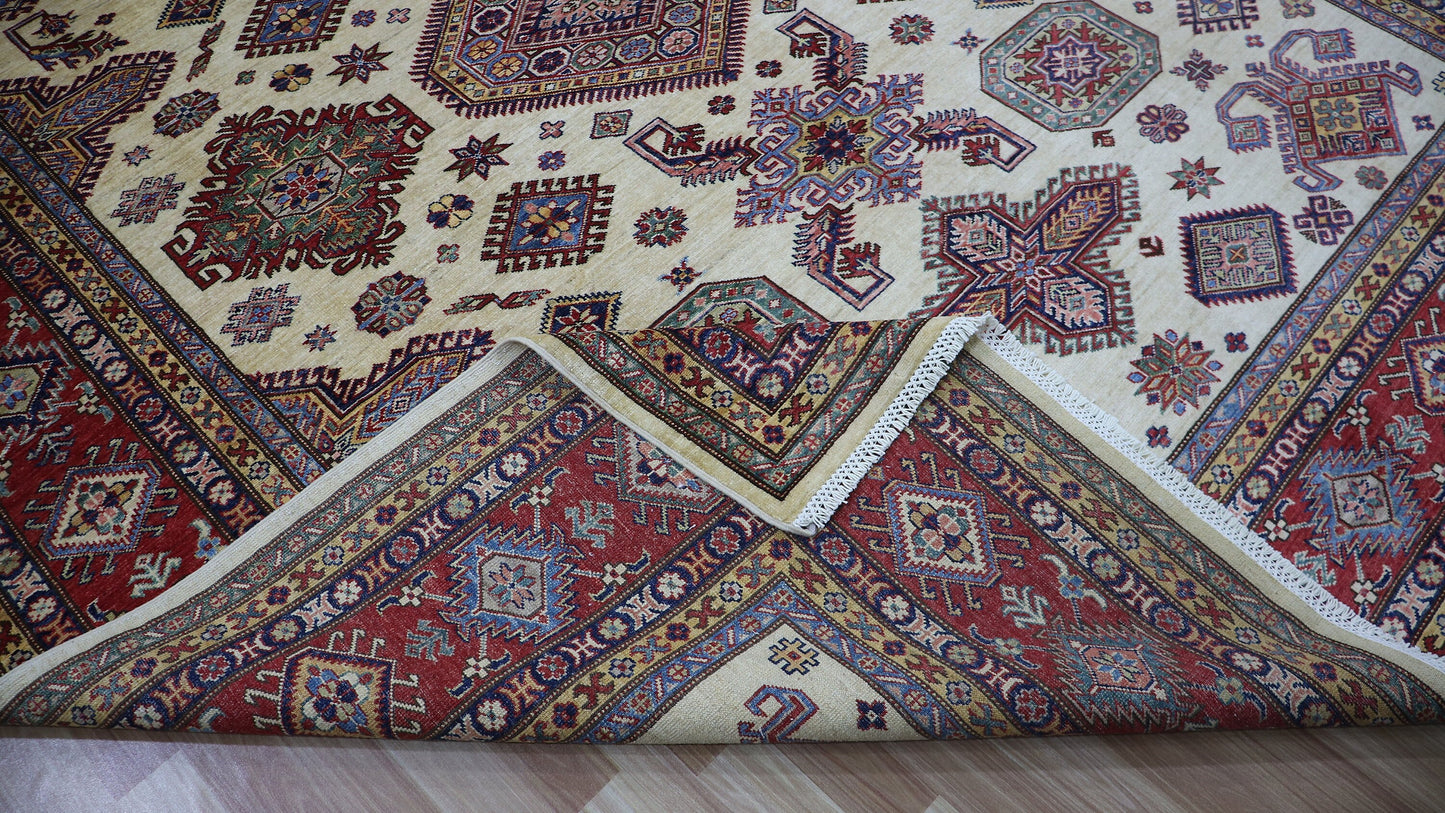 8x10 Ft Beige Kazak Oriental Area Rug, Afghan Hand Knotted Wool Traditional Rectangle Carpet, Living Room Rug, Bedroom Rug, Dining Table Rug