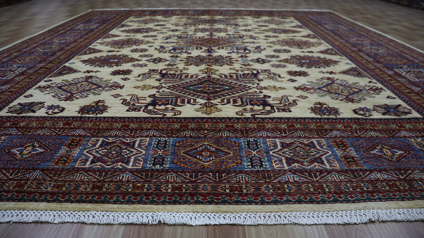 8x10 Ft Oriental Kazak Area Rug, Beige Afghan Hand Knotted Wool Traditional Rectangle Carpet, Living Room Rug, Bedroom Rug, Dining Table Rug