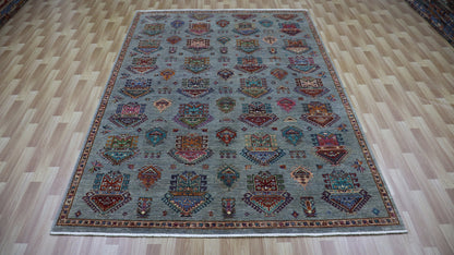 7x10 Ft Gray Oriental Area Rug, Afghan Hand Knotted Wool Traditional Rectangle Carpet, Rugs For Living Room, Bedroom Rug, Dining Table Rug