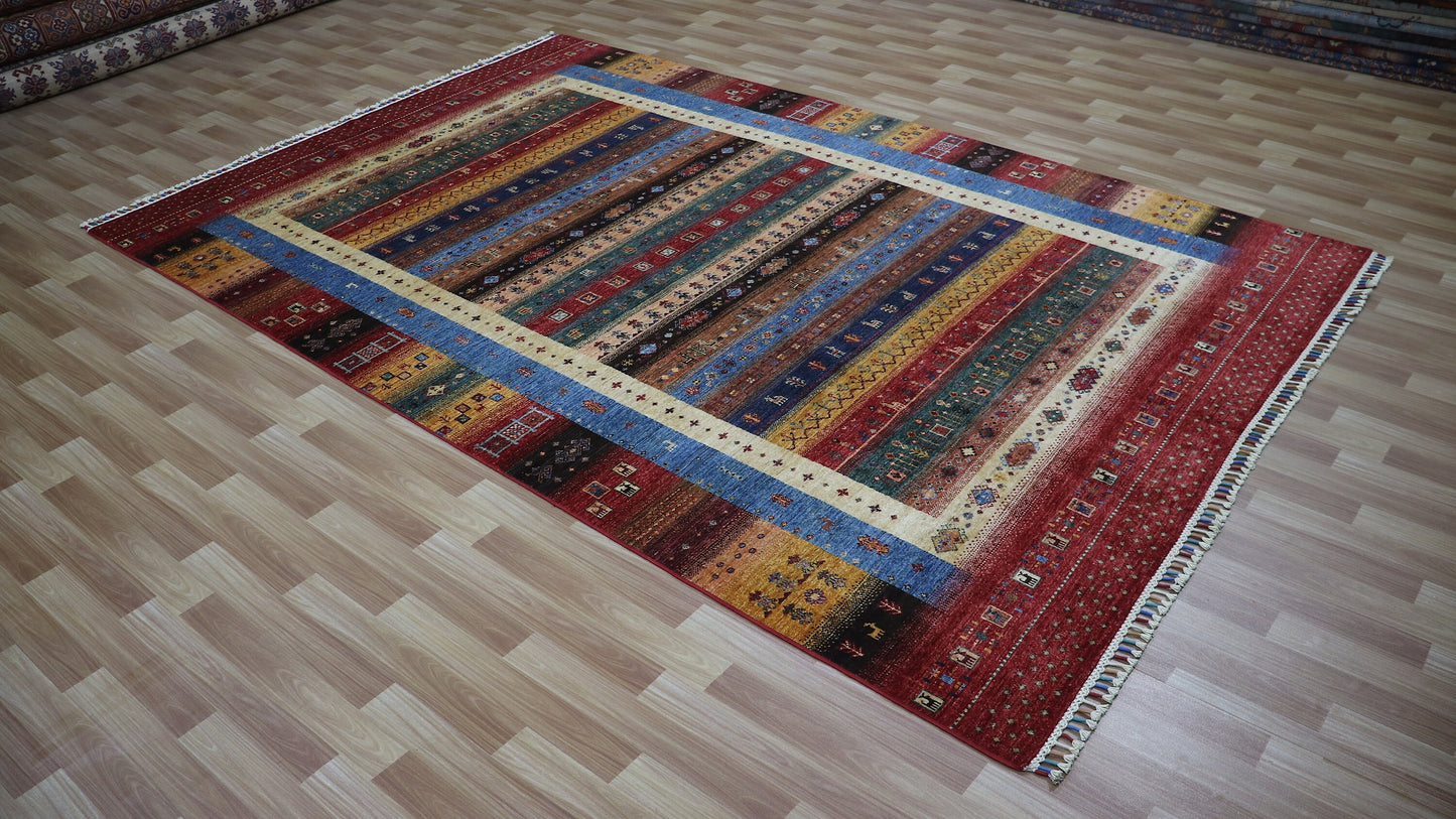 7x10 Ft Tribal Gabbeh Area Rug, Red Afghan Hand Knotted Wool Traditional Rectangle Carpet, Living Room Rug, Bedroom Rug, Dining Table Rug