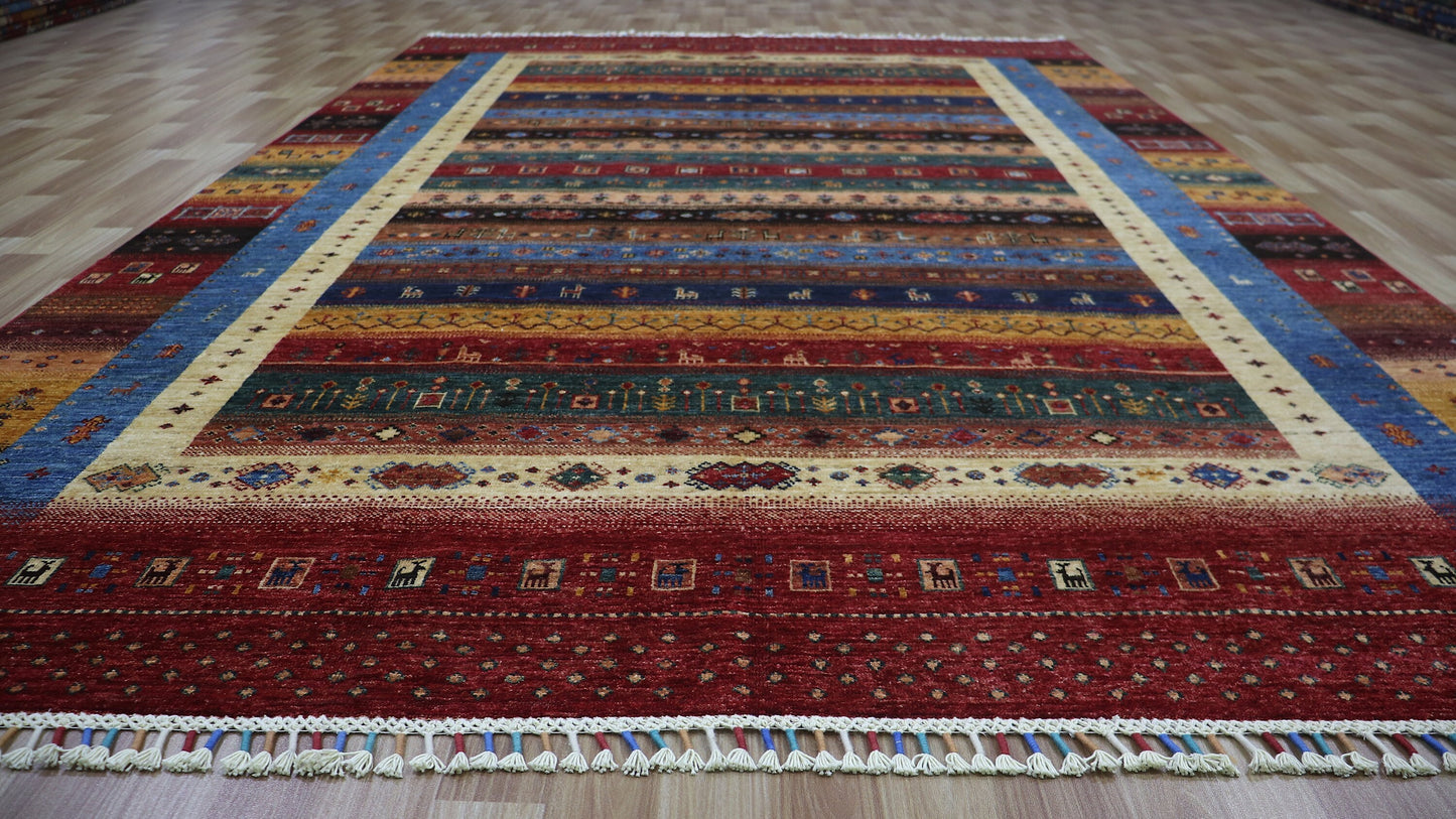 7x10 Ft Tribal Gabbeh Area Rug, Red Afghan Hand Knotted Wool Traditional Rectangle Carpet, Living Room Rug, Bedroom Rug, Dining Table Rug