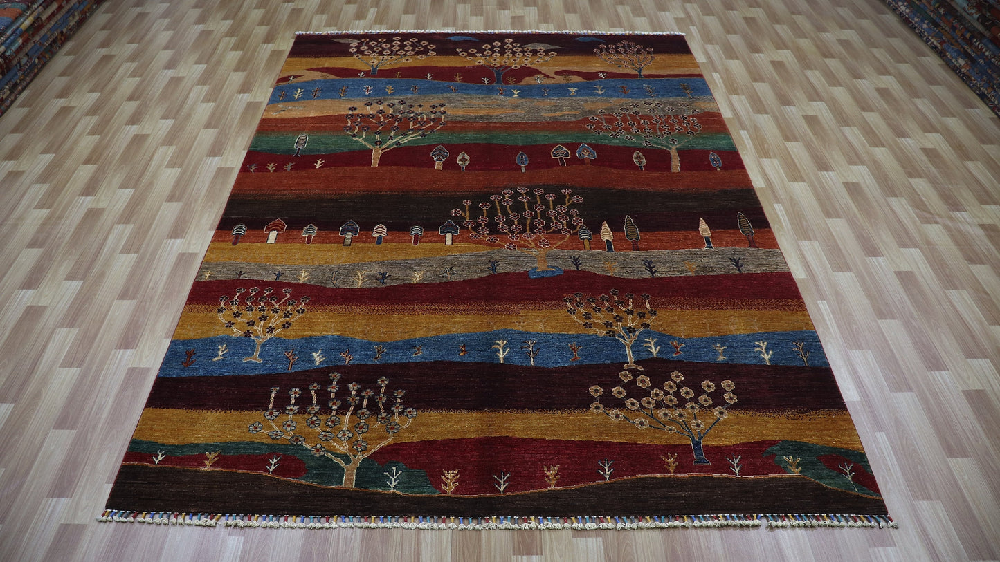 7x10 ft Landscape Gabbeh Area Rug, Red Afghan Hand Knotted Wool Tribal Rectangle Carpet, Rugs For Living Room, Bedroom Rug, Dining Table Rug