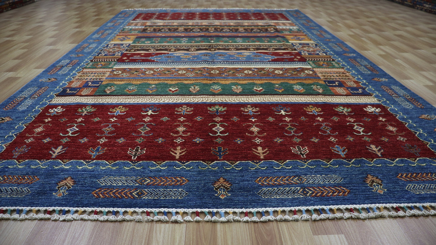 6x11 ft Gabbeh Tribal Area Rug, Blue Afghan Hand Knotted Wool Traditional Rectangle Carpet, Living Room Rug, Bedroom Rug, Dining Table Rug