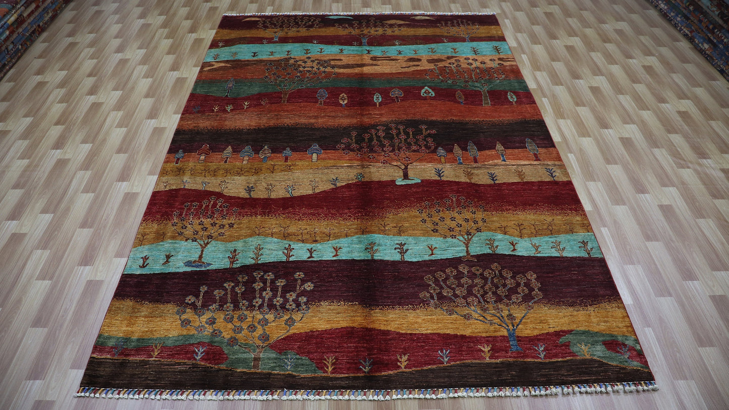 7x10 Ft Gabbeh Landscape Area Rug, Red Afghan Hand Knotted Wool Tribal Rectangle Carpet, Rugs For Living Room, Bedroom Rug, Dining Table Rug