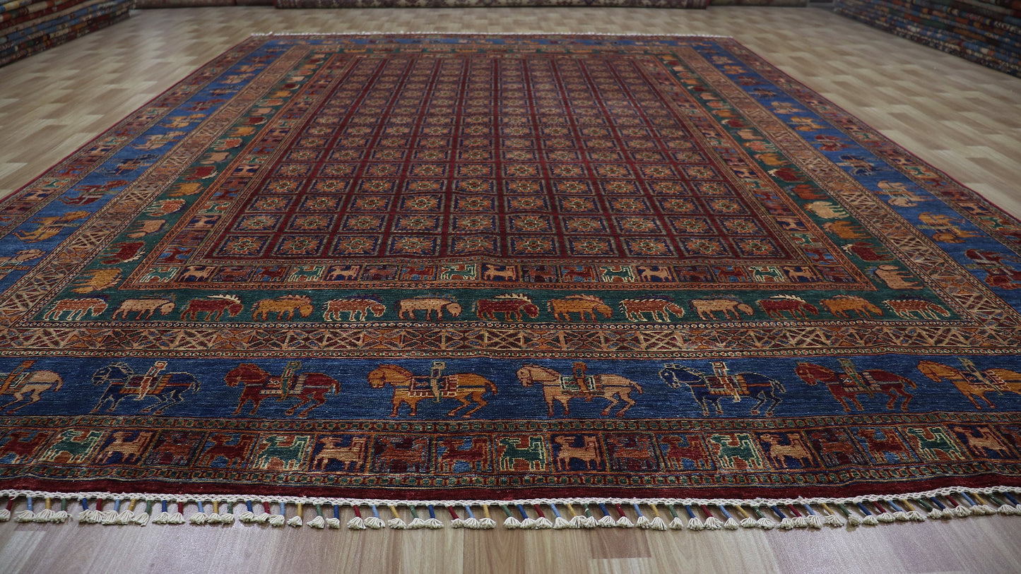 9x13 Ft Animal Design Pazyryk Large Area Rug, Afghan Hand Knotted Wool Tribal Rectangle Carpet, Living Room Rug, Bedroom Rug, Kids Room Rug