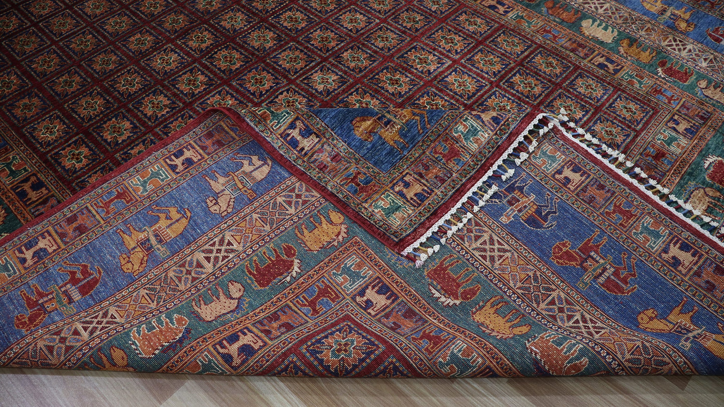 9x13 Ft Animal Design Pazyryk Large Area Rug, Afghan Hand Knotted Wool Tribal Rectangle Carpet, Living Room Rug, Bedroom Rug, Kids Room Rug