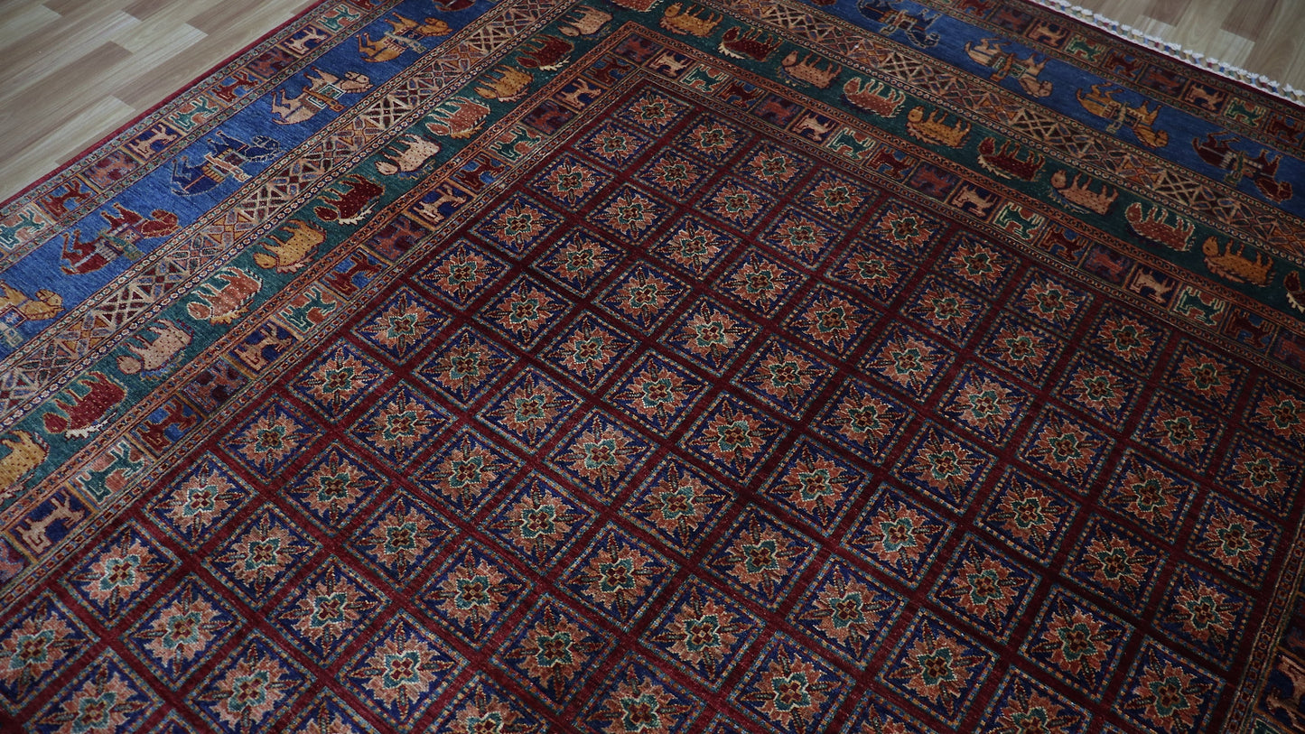 9x13 Ft Animal Design Pazyryk Large Area Rug, Afghan Hand Knotted Wool Tribal Rectangle Carpet, Living Room Rug, Bedroom Rug, Kids Room Rug