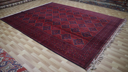 10x12 Ft Bokhara Oriental Area Rug, Red Afghan Hand Knotted Wool Traditional Rectangle Carpet, Rugs For Living Room, Bedroom Rug, Office Rug