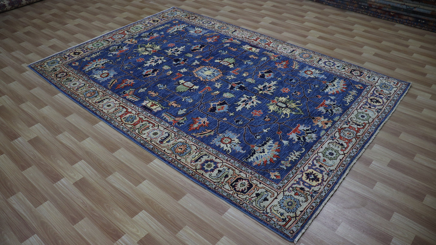 6x9 ft Serapi Area Rug, Blue Persian Hand Knotted Wool Traditional Rectangle Carpet, Rugs For Living Room, Bedroom Rug, Dining Table Rug