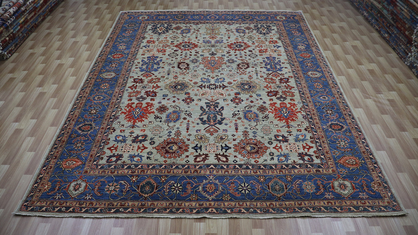 9x12 ft Harshang Bidjar Area Rug, Blue Beige Afghan Hand Knotted Wool Traditional Carpet, Rugs For Living Room, Bedroom Rug,Dining Table Rug