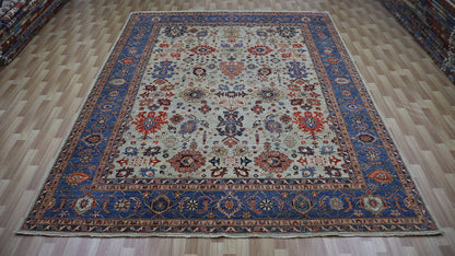 9x12 ft Harshang Bidjar Area Rug, Blue Beige Afghan Hand Knotted Wool Traditional Carpet, Rugs For Living Room, Bedroom Rug,Dining Table Rug