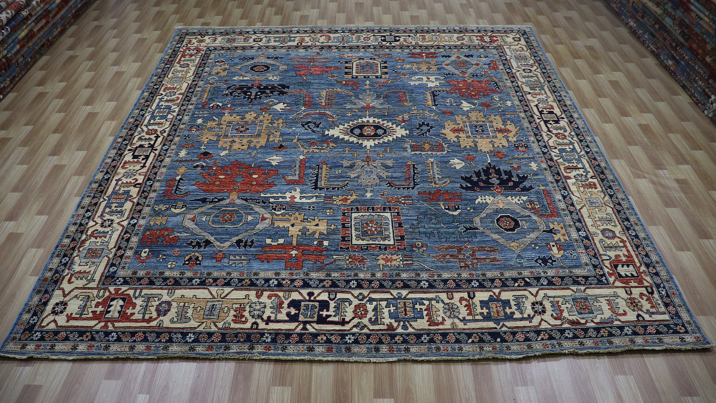 10x11 ft Oriental Square Area Rug, Blue Beige Afghan Hand Knotted Wool Traditional Rectangle Carpet, Rugs For Living Room, Bedroom Rug,