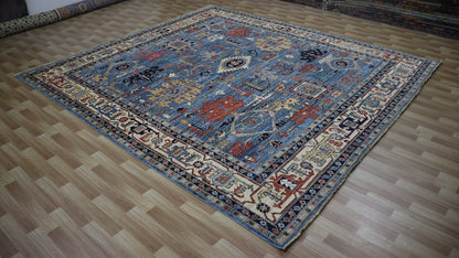 10x11 ft Oriental Square Area Rug, Blue Beige Afghan Hand Knotted Wool Traditional Rectangle Carpet, Rugs For Living Room, Bedroom Rug,