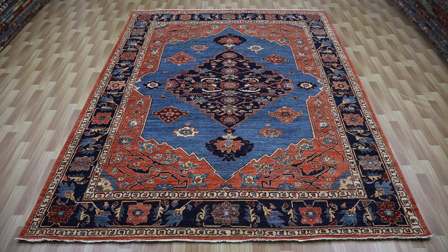 8x11 ft Heriz Serapi Area Rug, Red Blue Persian Style Hand Knotted Wool Traditional Rectangle Carpet, Rugs For Living Room, Bedroom Rug,