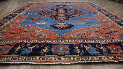 8x11 ft Heriz Serapi Area Rug, Red Blue Persian Style Hand Knotted Wool Traditional Rectangle Carpet, Rugs For Living Room, Bedroom Rug,