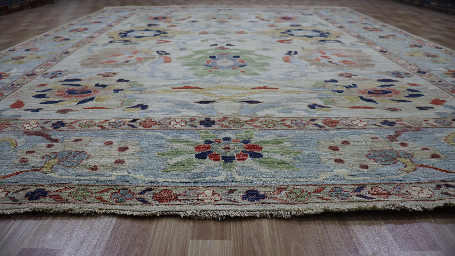 9x12 ft Floral Bidjar Area Rug, Beige Blue Afghan Hand Knotted Wool Traditional Rectangle Carpet, Rugs For Living Room, Bedroom Area Rug