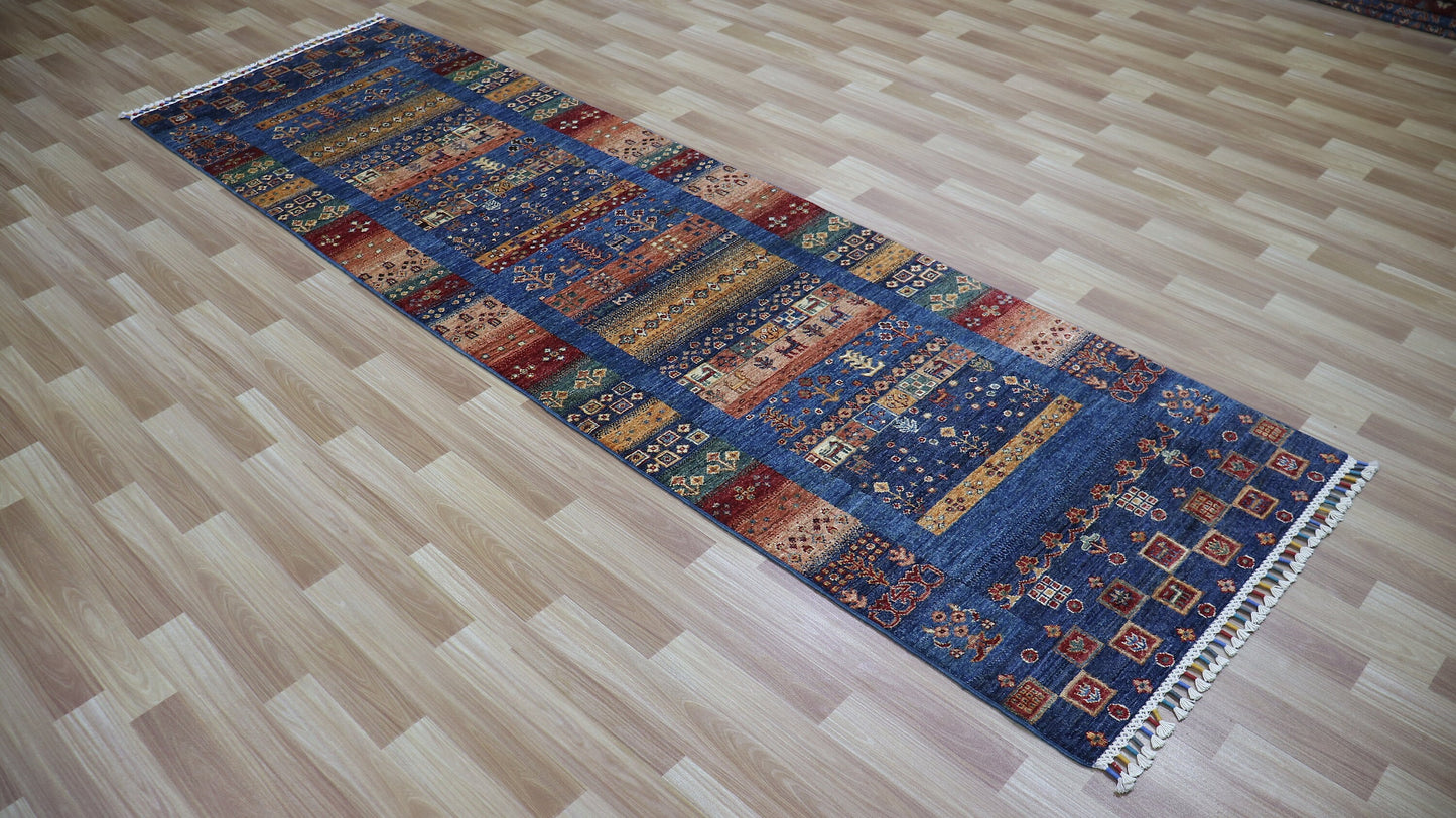 9 Ft Tribal Gabbeh Runner Rug, Blue Afghan Hand Knotted Wool Traditional Rectangle Carpet, Entryway Rug, Hallway Rug, Kitchen Rug, Foyer Rug